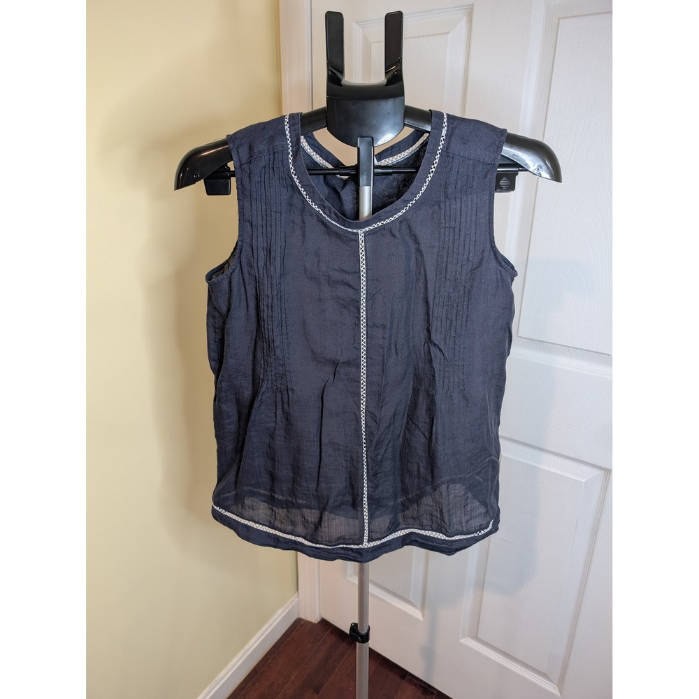 Vince‎ Pleated Tank Top Womens Small Navy Blue Ramie Ladder Stitch Sleeveless